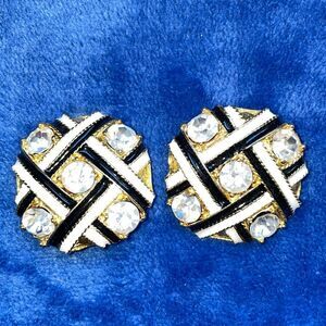 Gold tone clip on earrings 1.5 inch black and white criss-cross Rhinestones EUC